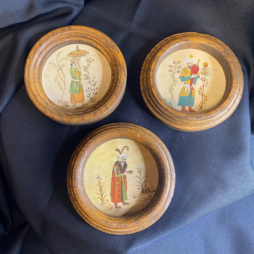 1990 Signed Hand Painted Mini Acrylic Persian Style Painting in Round Oak Frames